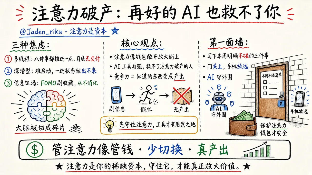 注意力破产的人，再好的 AI 工具也救不了你（@Jaden_riku）
