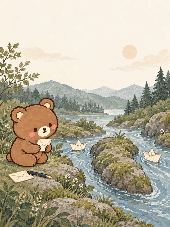 小熊在岔流边，望着驶向两条水路的纸船。