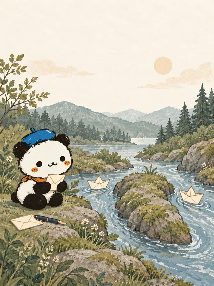 熊猫在岔流边，望着驶向两条水路的纸船。
