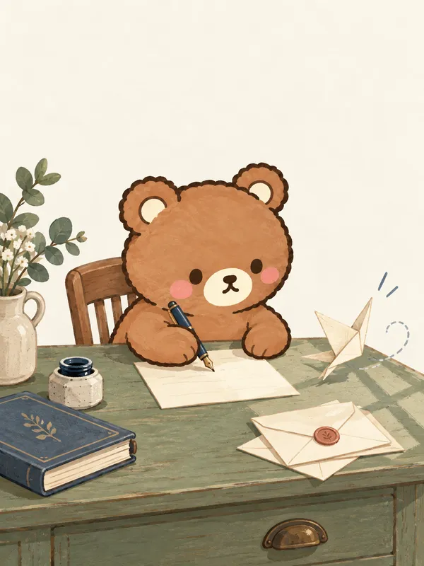 Airing’s bear writes a first letter as a paper bird takes flight.