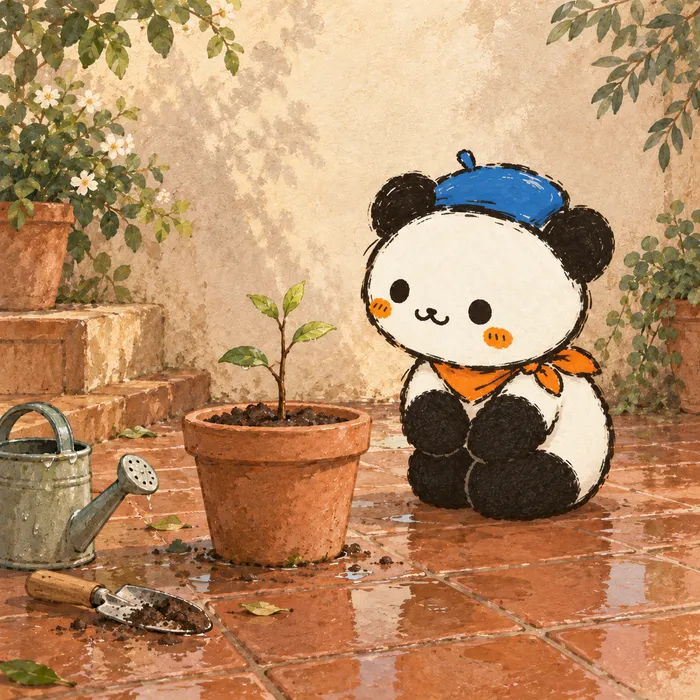 A watercolor illustration of Airing’s panda. This small plant grows at its own pace.