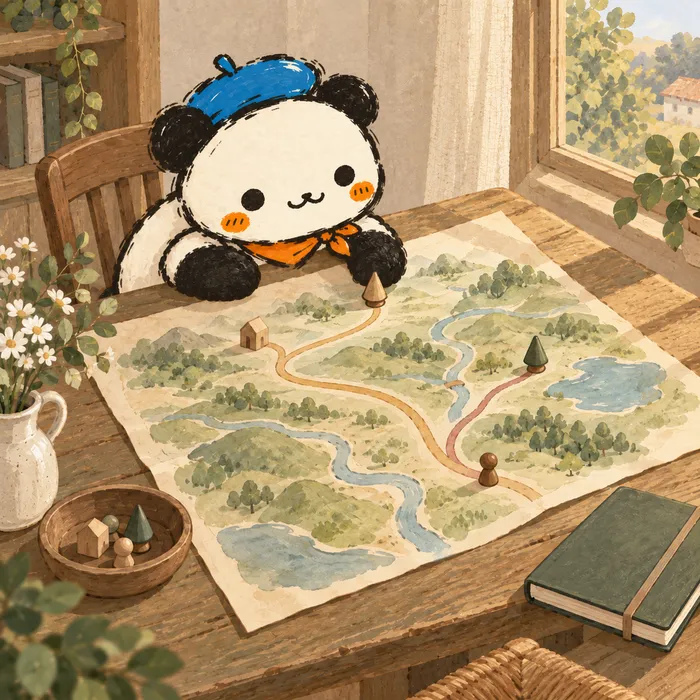 A watercolor illustration of Airing’s panda. A map has room for more than one route.