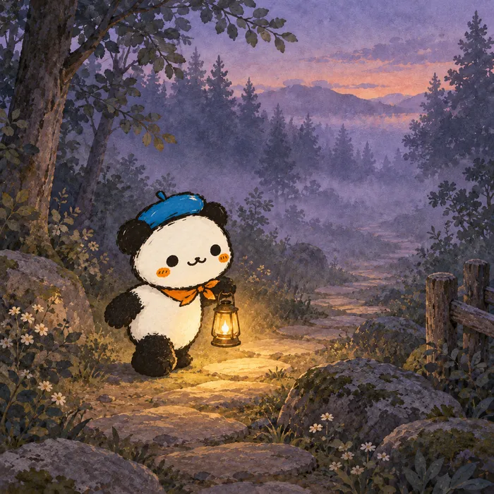 A watercolor illustration of Airing’s panda. A lamp reveals a little of the path. Start there.