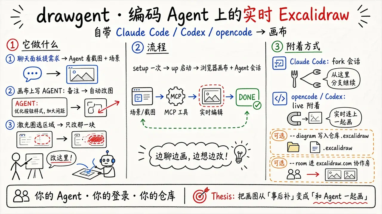 drawgent · 把编码 Agent 接到实时 Excalidraw 画布