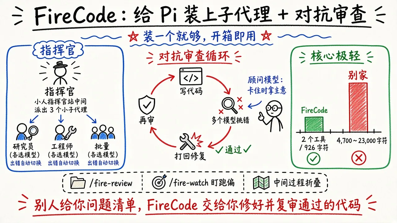 FireCode · 给 Pi 装上并行子代理与多模型对抗审查