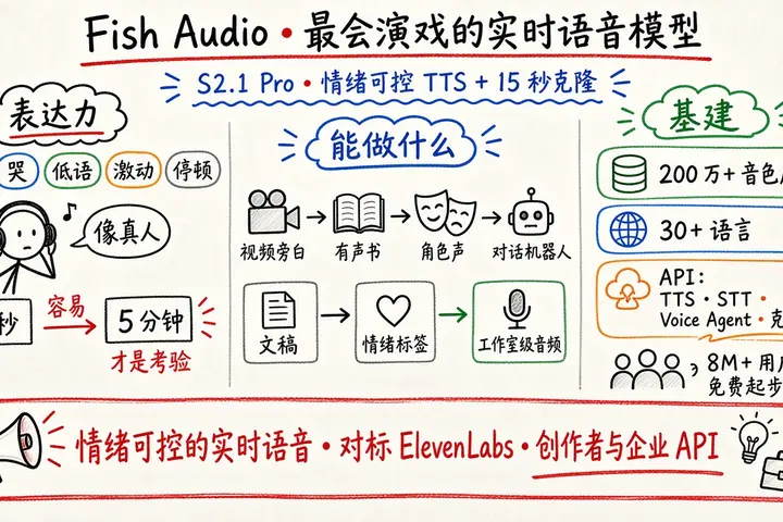 Fish Audio · 情绪可控实时语音（S2.1 Pro / TTS+克隆）