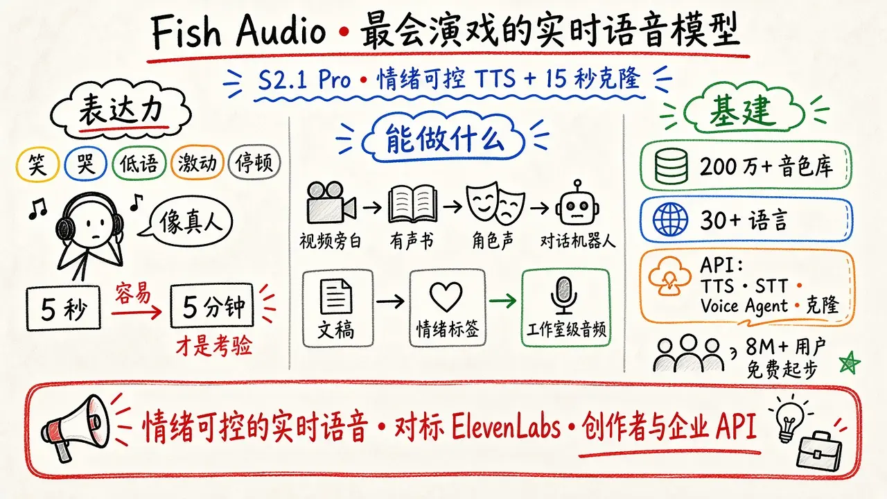 Fish Audio · 情绪可控实时语音（S2.1 Pro / TTS+克隆）