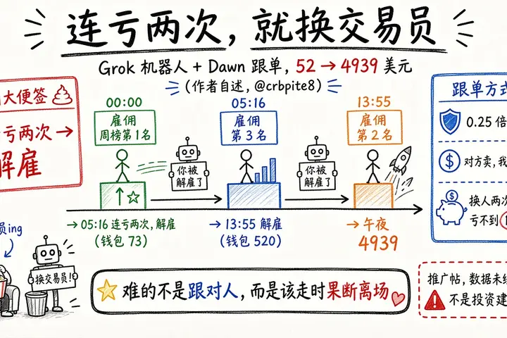 Grok Bot + Dawn 跟单：连亏两次就换交易员，52→4939（@crbpite8）