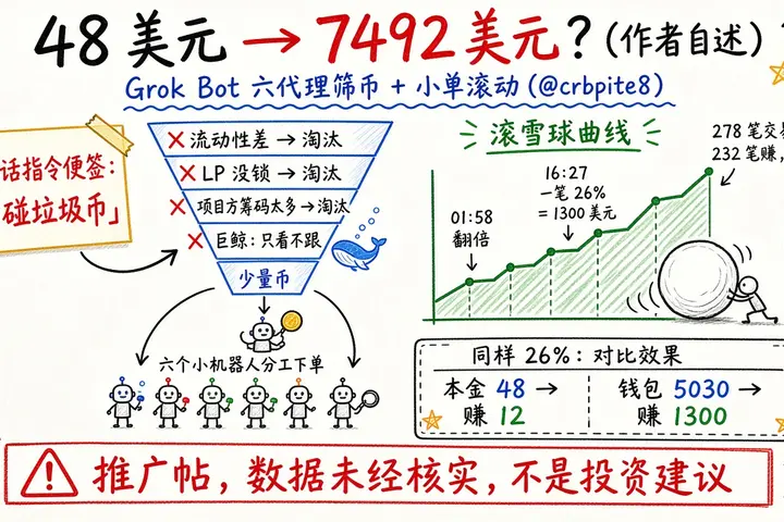 Grok Bot 48 美元到 7492：六代理筛币、小单滚动（@crbpite8）