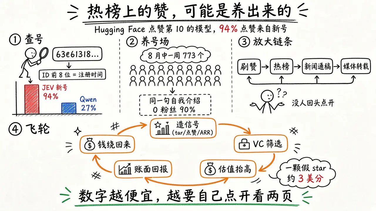 离谱：Hugging Face 史上点赞第 10 的模型，94% 来自新注册账号