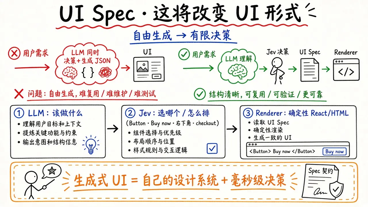Jev UI Spec：生成式 UI 从自由生成→有限决策（@GoSailGlobal）