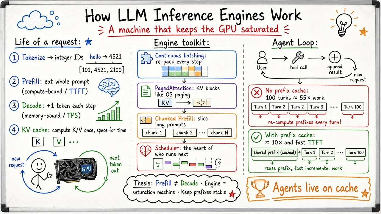 How LLM Inference Engines Actually Work · Prefill, Decode, KV Cache, Continuous Batching & Agent Loop