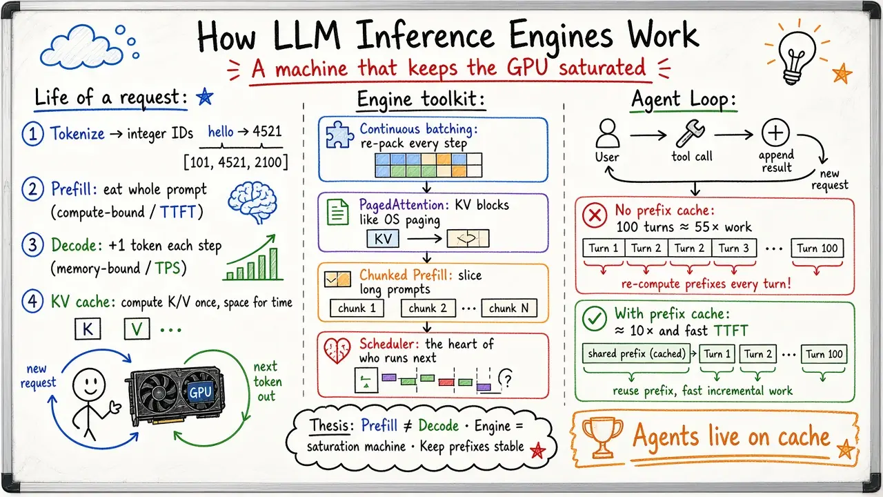 How LLM Inference Engines Actually Work · Prefill, Decode, KV Cache, Continuous Batching & Agent Loop
