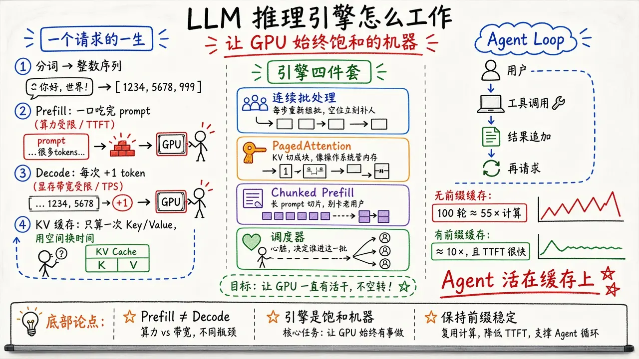 LLM 推理引擎到底是怎么工作的：从一个 token 到 KV 缓存、连续批处理，再到 Agent Loop 如何把 GPU 榨干