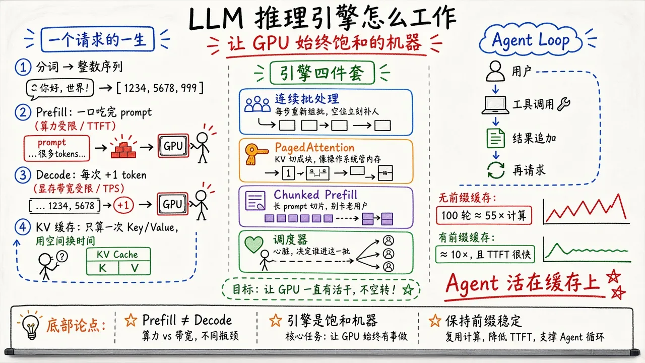 LLM 推理引擎到底是怎么工作的：从一个 token 到 KV 缓存、连续批处理，再到 Agent Loop 如何把 GPU 榨干