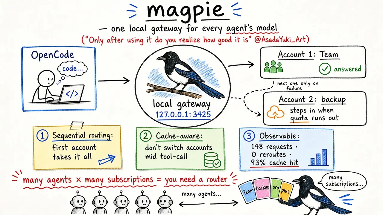 magpie：给 OpenCode / Agent 做 LLM 路由与账号分流（@AsadaYuki_Art）