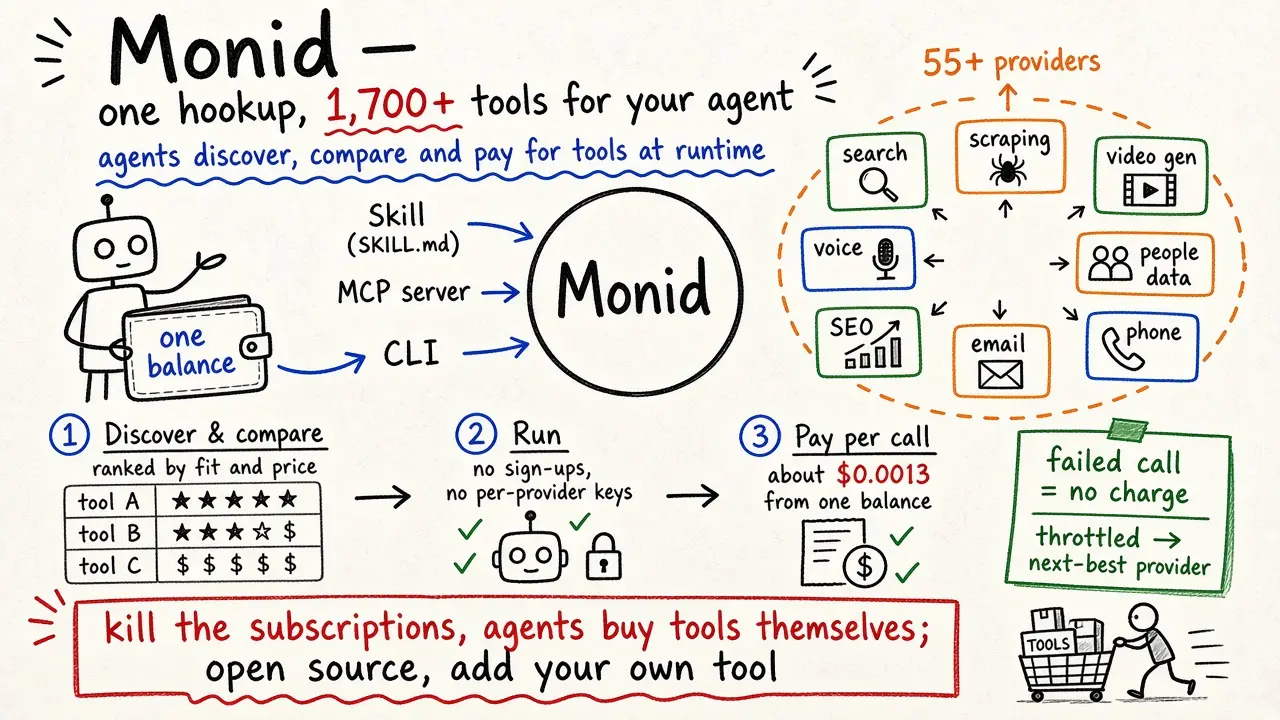 Monid · 一次接入，让 Agent 自己找、比、买 1700+ 工具