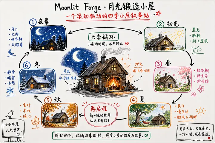 Moonlit Forge · 月光锻造小屋（四季滚动叙事站）