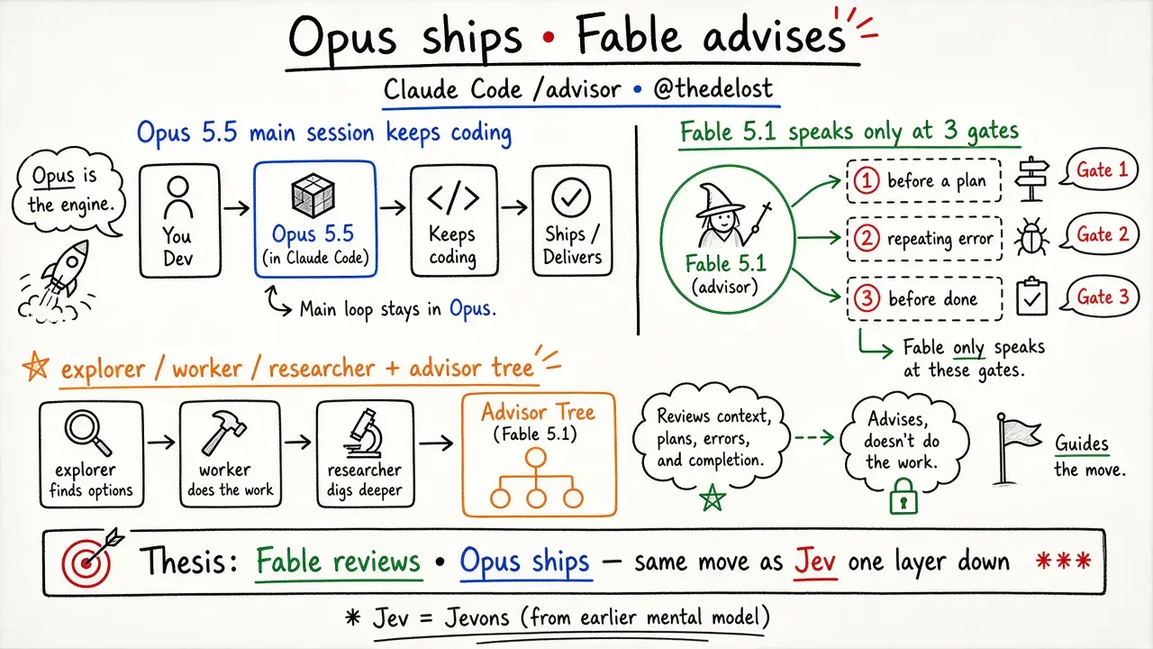Claude Code Tip: Opus 5.5 Ships, Fable 5.1 Advises (@thedelost)