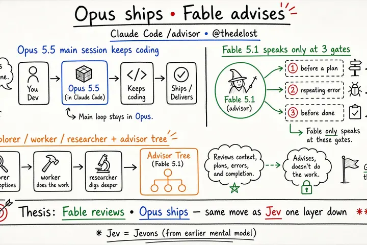 Claude Code Tip: Opus 5.5 Ships, Fable 5.1 Advises (@thedelost)