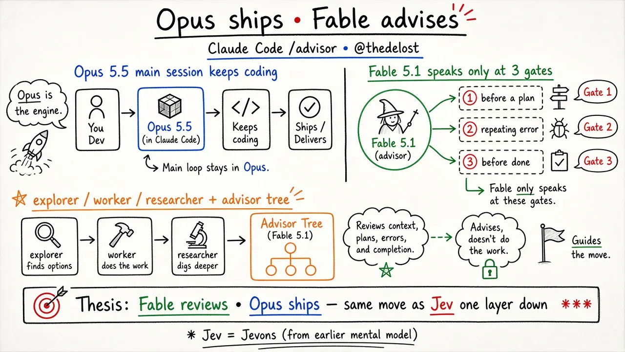 Claude Code Tip: Opus 5.5 Ships, Fable 5.1 Advises (@thedelost)