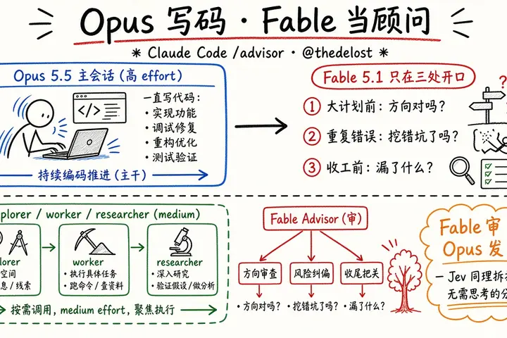 Claude Code tip：Opus 5.5 主写，Fable 5.1 当 /advisor（@thedelost）