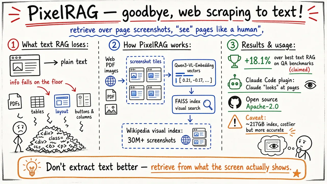 PixelRAG：把网页截图当检索单元的视觉 RAG，自称超越文本 RAG 18.1%（@AHSeslami）