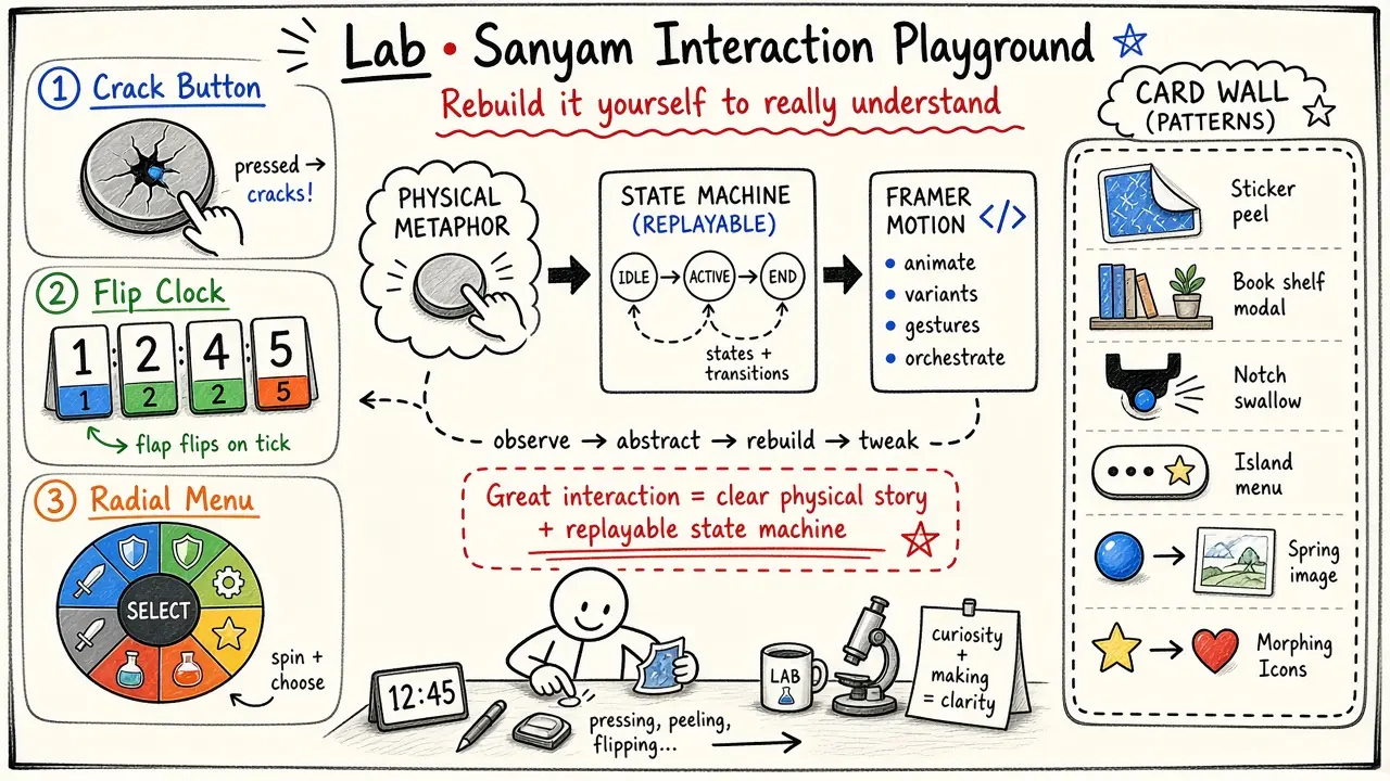 Lab · Sanyam's interface interaction playground (Morphing Icons / Spring / Flip Clock…)