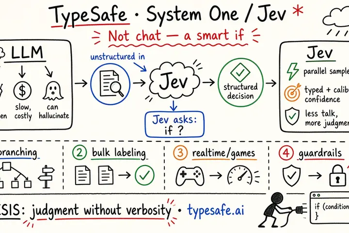 TypeSafe AI · System One model Jev — typed structured decisions, not text gen