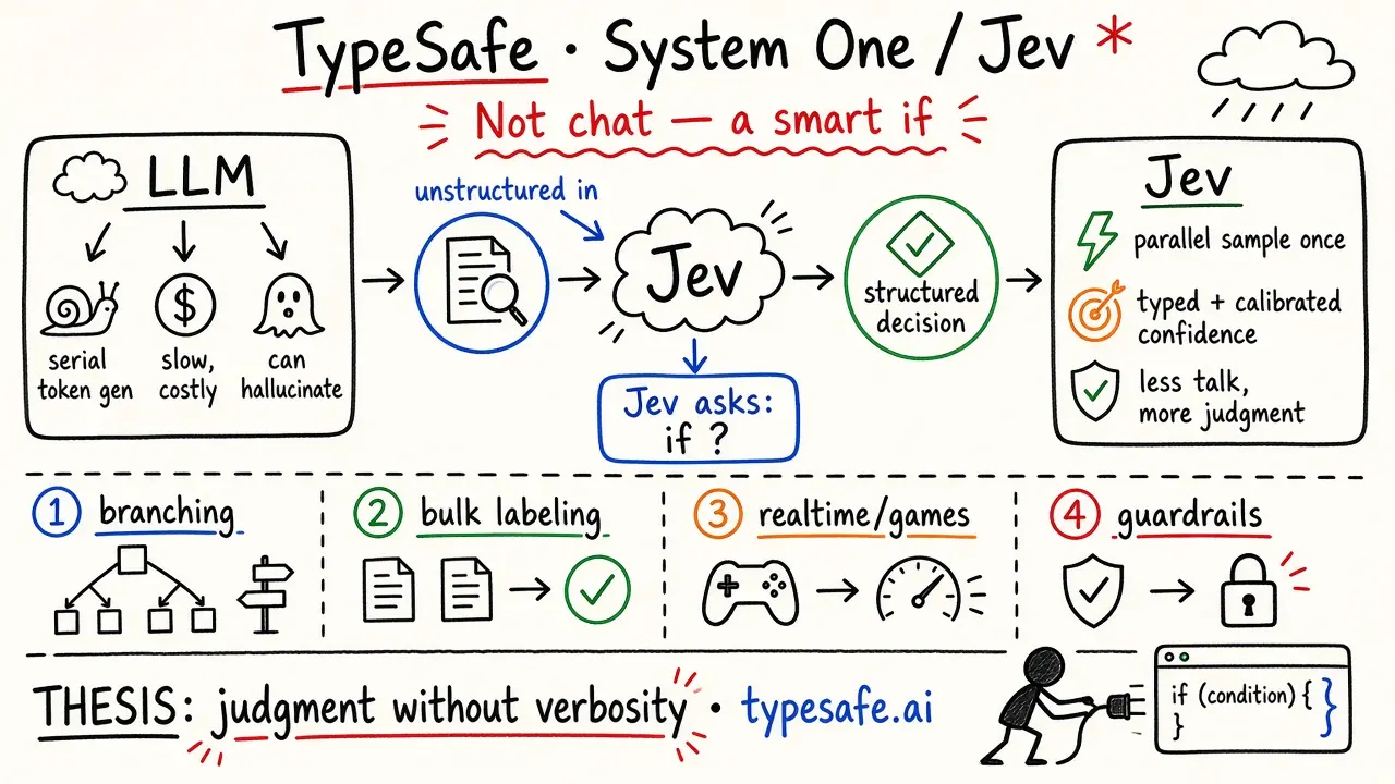 TypeSafe AI · System One model Jev — typed structured decisions, not text gen