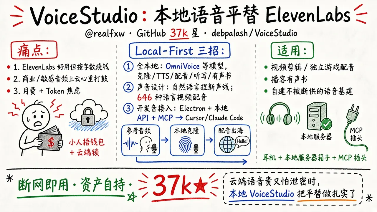 VoiceStudio：37k 星本地语音平替 ElevenLabs（@realfxw）