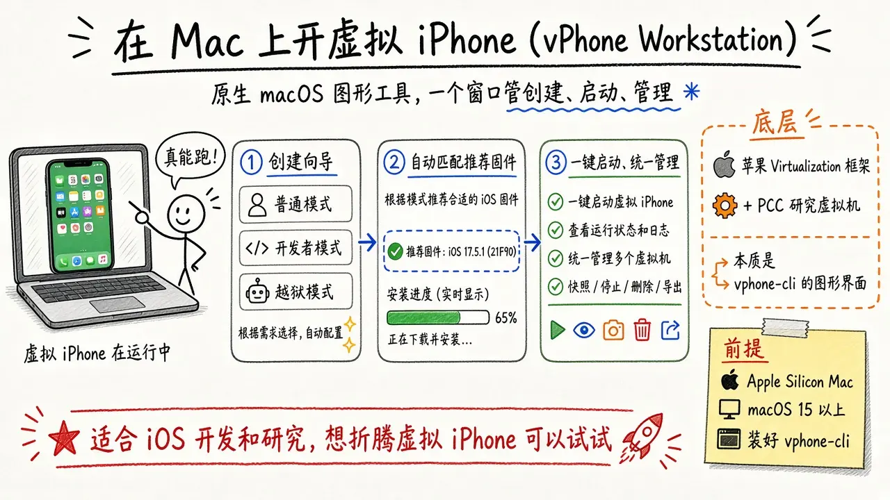 Mac 上开虚拟 iPhone：vPhone Workstation（@bkdgiffug）