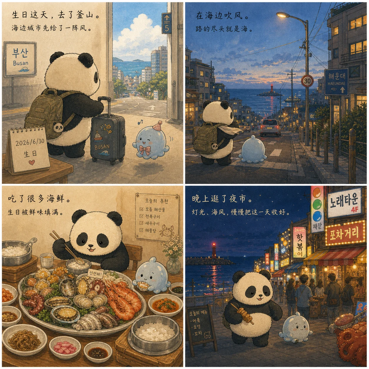 原四格：生日这天抵达釜山、在海边吹风、吃海鲜，晚上沿着有红灯塔的夜海逛夜市。