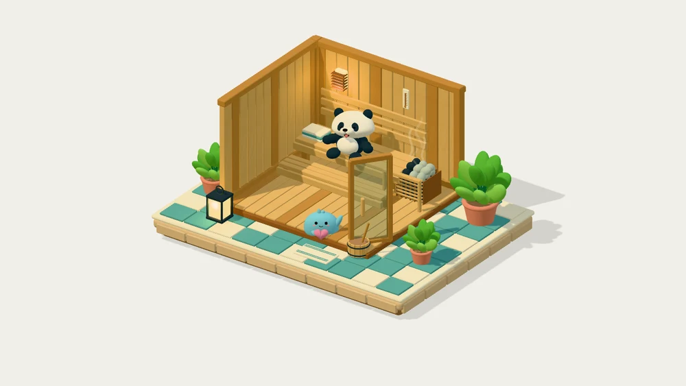 桑拿房剖面箱庭：熊猫坐在暖木长凳上，石炉升起热气，Moflow 坐在植物和小灯旁的门口。