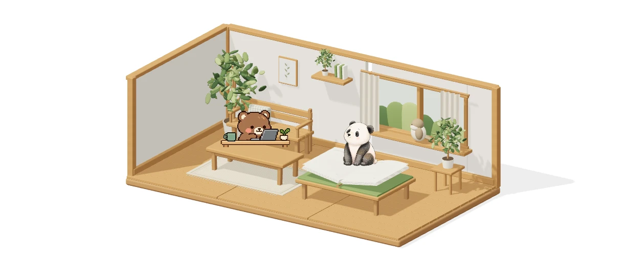 An open-roof workshop, with the bear’s desk and bench on the left and a panda on a book on the right.