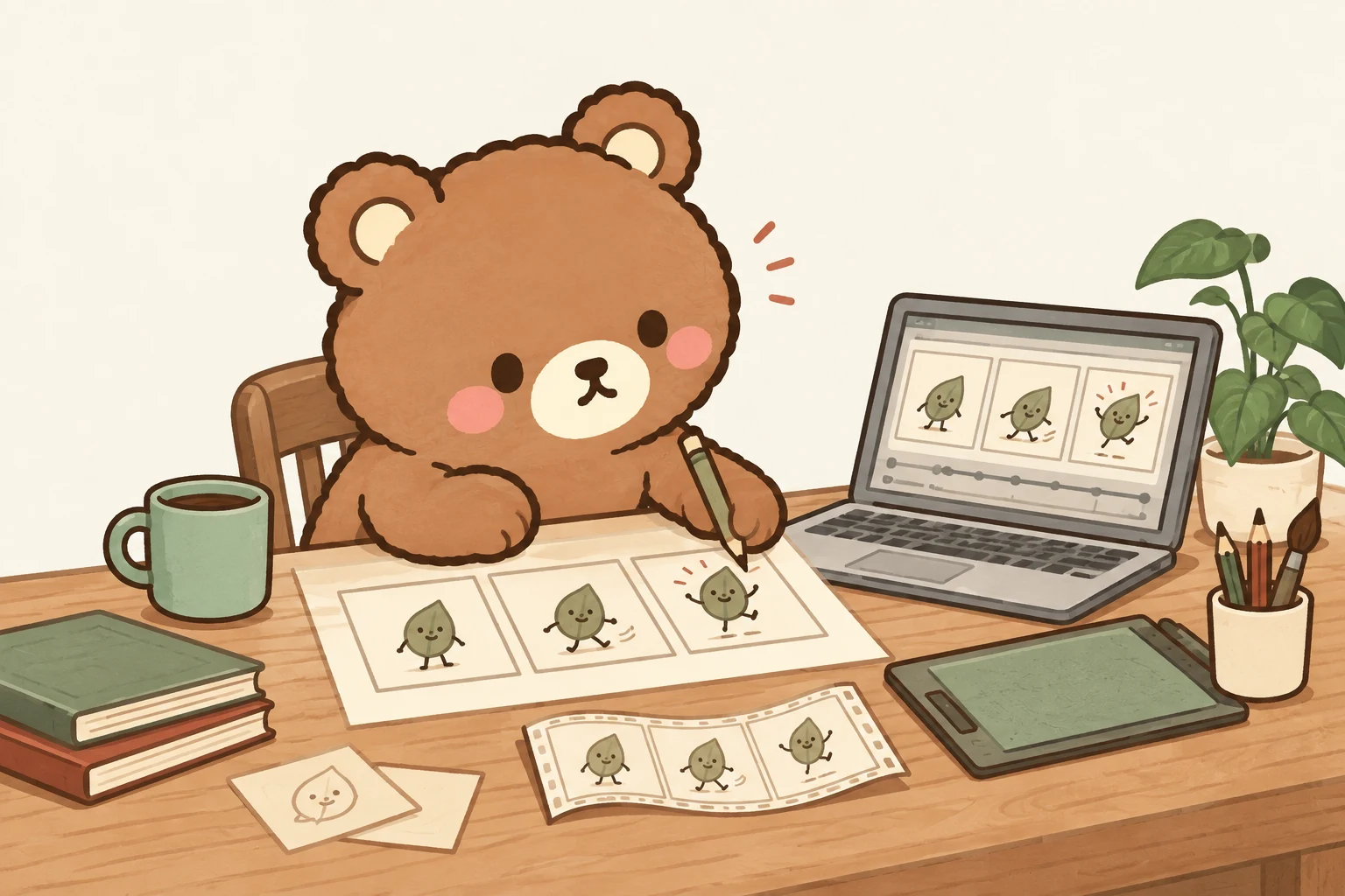 Airing’s bear revises a character animation at a storyboard desk.