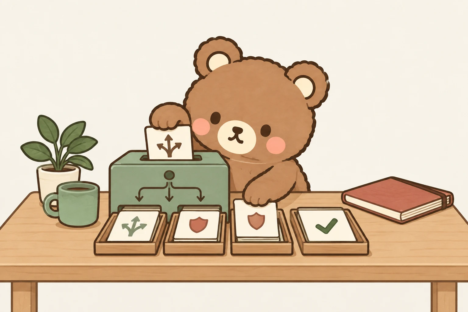Airing’s bear organizes task cards at a decision desk, illustrating routing, checks and verification.