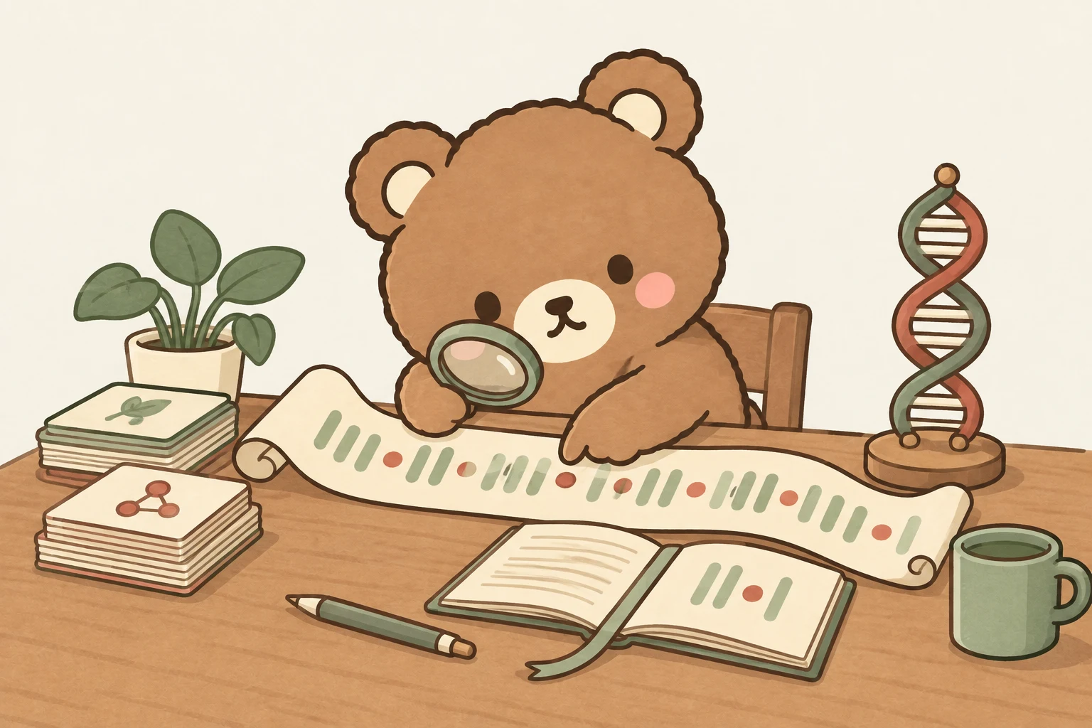 Airing’s bear examines repeating patterns with a magnifying glass, illustrating the search for scientific leads in data.