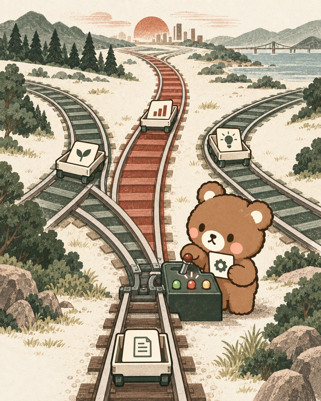 Airing’s bear checks a control panel beside a railway junction. A task branches onto different tracks, illustrating model judgments and code-controlled execution.