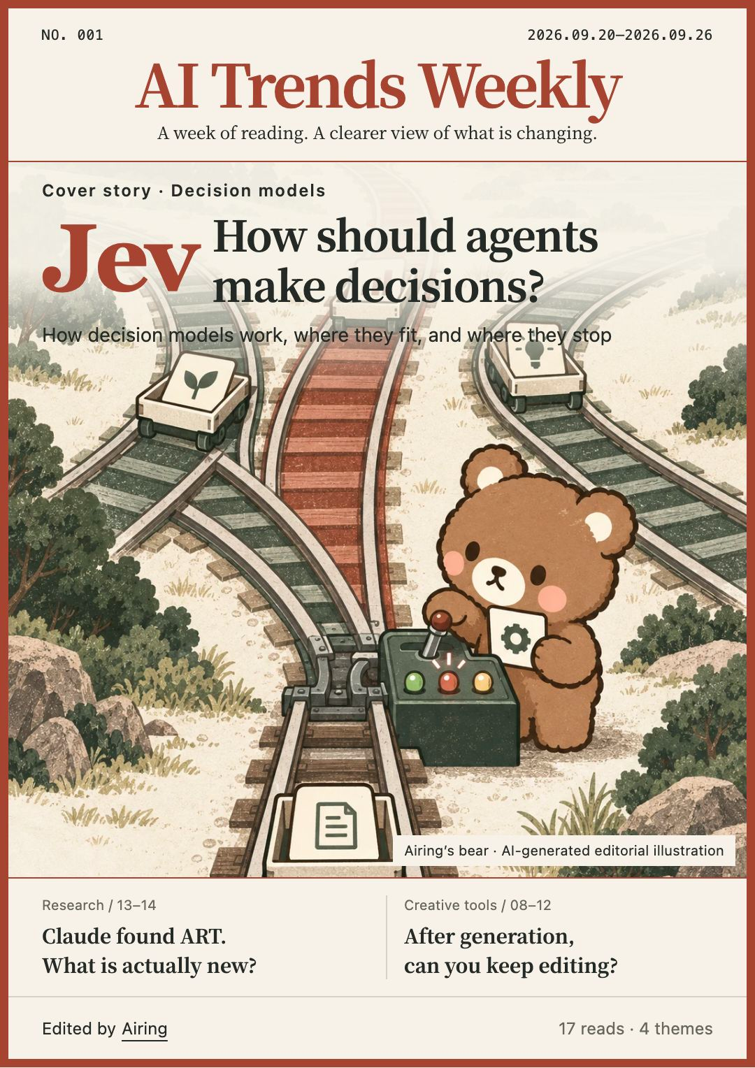 AI Trends Weekly No. 001 cover: Jev and agent decisions. September 20–26, 2026. Edited by Airing.