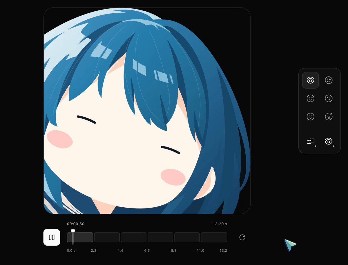 A blue-haired SVG character on the left, an expression picker on the right, and a timeline marked at 0, 2.2, 4.4, 6.6, 8.8, 11.0 and 13.2 seconds below.