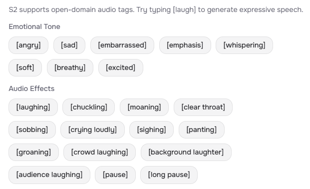 Fish Audio’s white tag panel: Emotional Tone offers angry, sad, whispering and excited; Audio Effects includes laughing, sighing and pause.