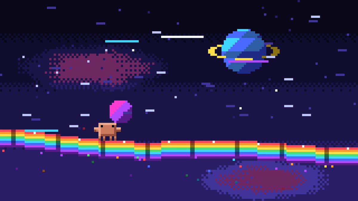 An orange pixel character on a horizontal rainbow road in deep-purple space, with a blue ringed planet, stars, light streaks and a magenta nebula.