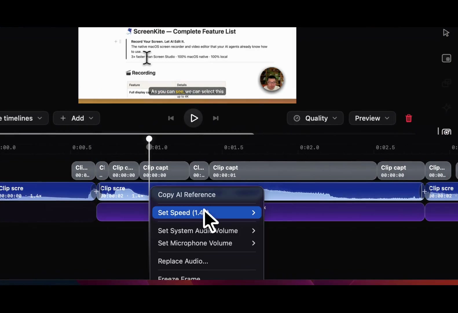 ScreenKite shows a recording preview above caption segments and waveform tracks. A context menu includes Copy AI Reference, Set Speed, system volume, microphone volume and replacement audio.
