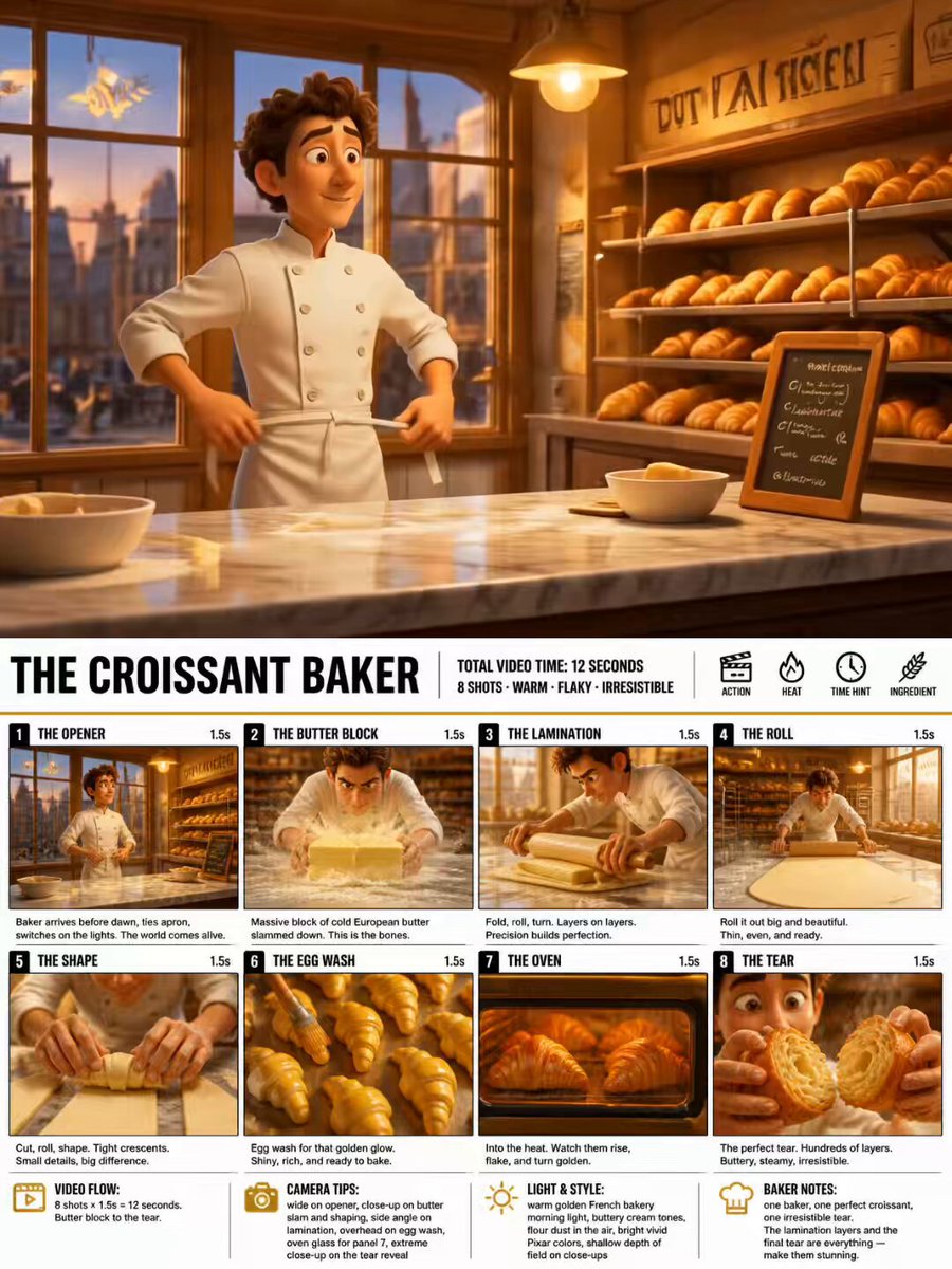 Above, an animated baker ties an apron in a warm bakery. Below, The Croissant Baker storyboard has eight panels of 1.5 seconds each: opening, butter, layering, rolling, shaping, egg wash, baking and tearing apart.