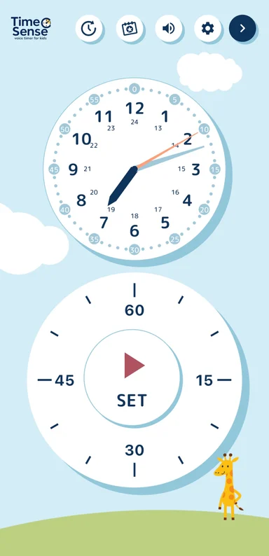 Official TimeSense phone interface: a numbered analog clock above a circular timer, with voice and settings controls.