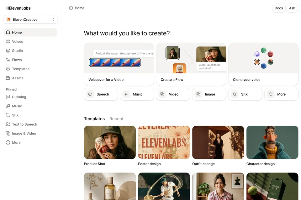 ElevenLabs 官网的 ElevenCreative 工作台，展示配音、工作流和声音克隆入口。