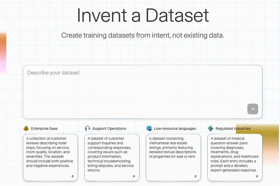 Invent a Dataset 官网界面截图，展示数据集描述输入框与四类官方示例。