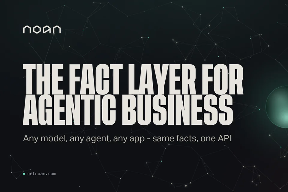 NOAN 官网的官方展示图，以“Agent 业务的事实层”为主题，保留品牌标识与绿色视觉。