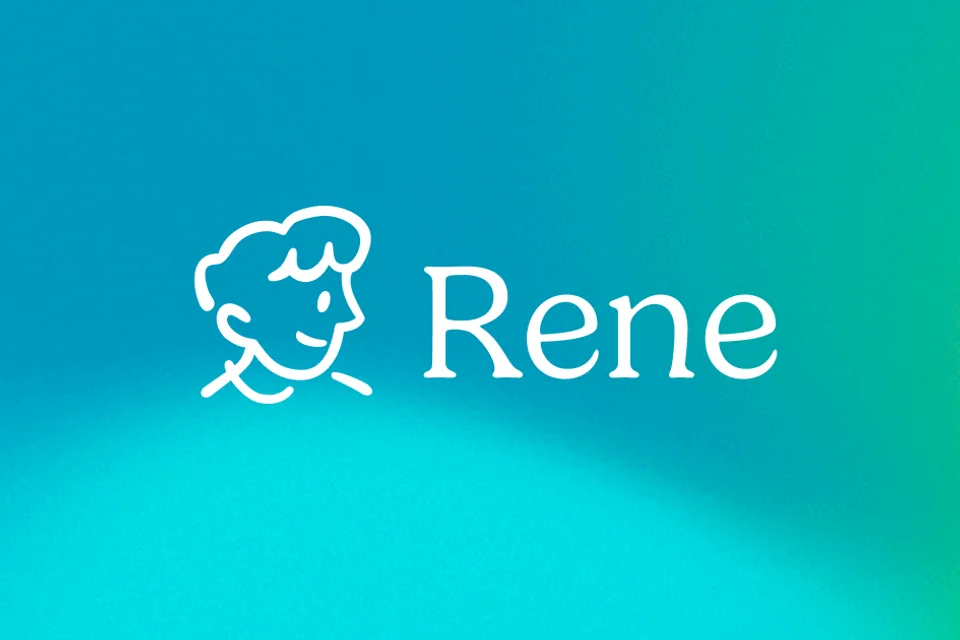 Rene 官网的官方品牌图，保留原始蓝绿色渐变和 Rene 标识。